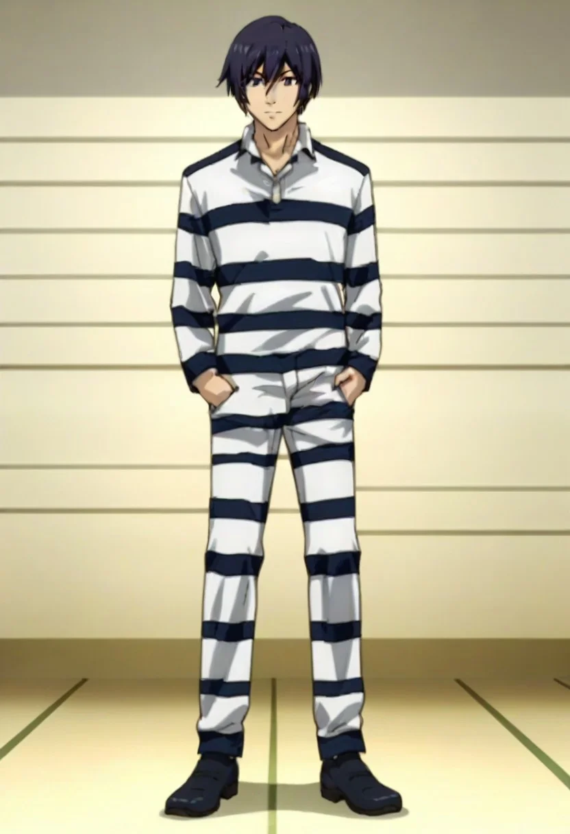 ((masterpiece)), ((best quality)), ((ultra-detailed)), score_9_up, score_8_up, score_7_up, HD, top quality, best quality, High-quality illustrations, anime screencap, perfect anatomy, 1male, 1boy, solo male, male focus, anime, anime boy, male anime character, sexy, tall body, tall height, lean body, slim body, Kiyoshi Fujino, black hair, black eyes, striped white prison outfit, striped white trousers, shoes, full body shot
