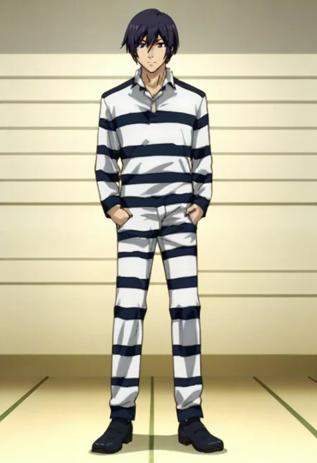 ((masterpiece)), ((best quality)), ((ultra-detailed)), score_9_up, score_8_up, score_7_up, HD, top quality, best quality, High-quality illustrations, anime screencap, perfect anatomy, 1male, 1boy, solo male, male focus, anime, anime boy, male anime character, sexy, tall body, tall height, lean body, slim body, Kiyoshi Fujino, black hair, black eyes, striped white prison outfit, striped white trousers, shoes, full body shot