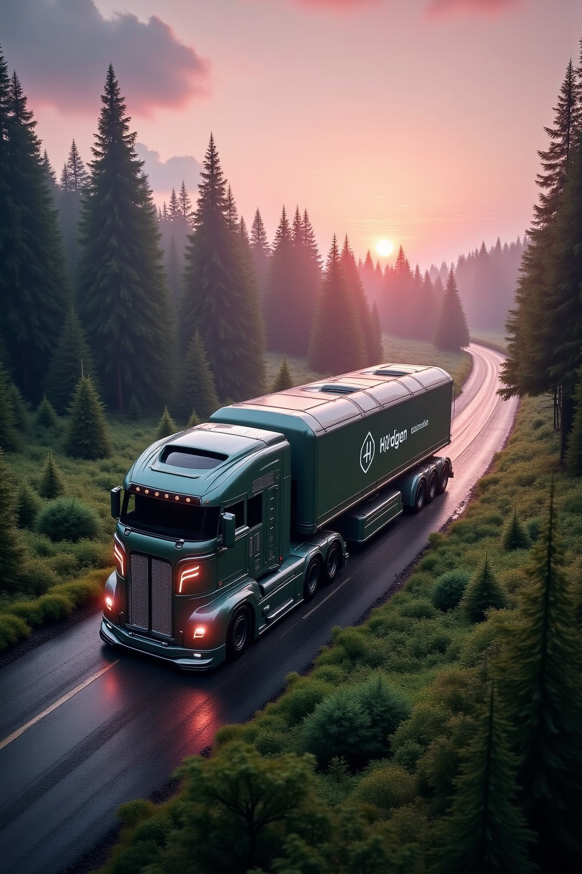 YFG-R1gs, Picture an eco-friendly, hydrogen-fueled semi-truck traversing a lush forest at dawn, its fuel cells humming in harmony with the songs of awakened birds as it delivers sustainable cargo to environmentally conscious suppliers â the sky above painted pink by rising solar rays.