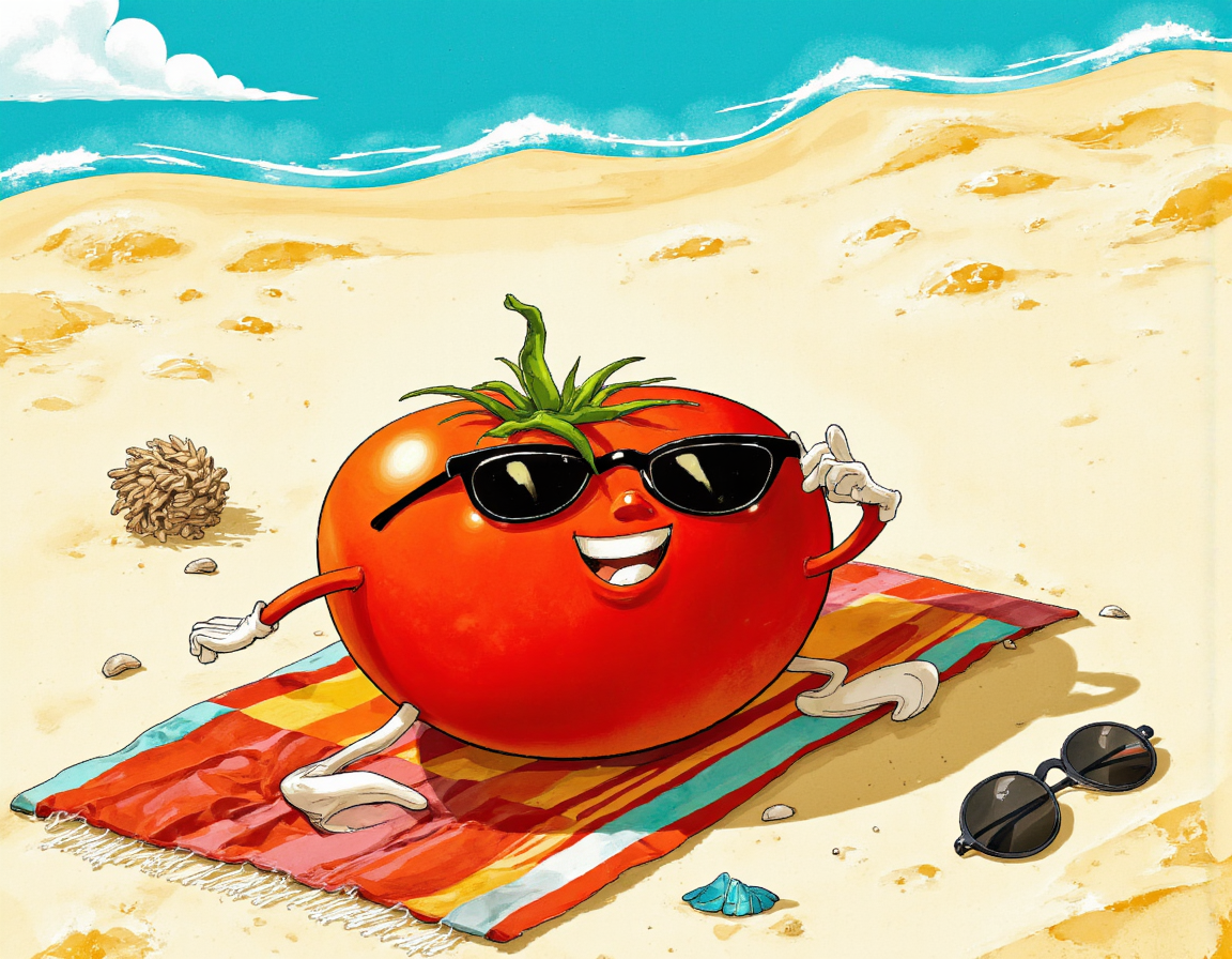<lora:cartoonvibes:0.65> cartoonvibes, A vibrant, cartoon-style illustration of a comical tomato character, sporting a pair of trendy, black-framed glasses perched on the end of its stem, lounging on a colorful beach towel, soaking up the warm sunshine. The tomato has a cheerful, bright red skin with visible seeds and a few minor blemishes, giving it a delightfully quirky appearance. Its "face" is contorted into a joyful, relaxed expression, with a slight, contented smile. The glasses add a touch of intellectual humor to the character's overall goofy demeanor. The beach setting is complete with soft, white sand, gentle waves crashing in the distance, and a few scattered seashells. The lighting is warm and sunny, with a few puffy, white clouds drifting lazily across the sky, casting subtle shadows on the sand. A pair of oversized, novelty sunglasses lies abandoned nearby, adding to the comedic atmosphere. The shot is a wide-angle, bird's-eye view, capturing the entirety of the beach scene, with the tomato as the central focus. The image features bold lines, bright colors, and a playful texture, reminiscent of classic cartoons. The overall mood is lighthearted and humorous, inviting the viewer to smile at the absurdity of a sunbathing tomato. The illustration style is reminiscent of a children's book, with exaggerated features and a focus on conveying a sense of carefree joy. The sun's rays are softly filtered through the atmosphere, casting a warm glow over the entire scene, and the sound of seagulls can almost be heard in the distance, completing the immersive beach experience. . 35mm photograph, film, bokeh, professional, 4k, highly detailed