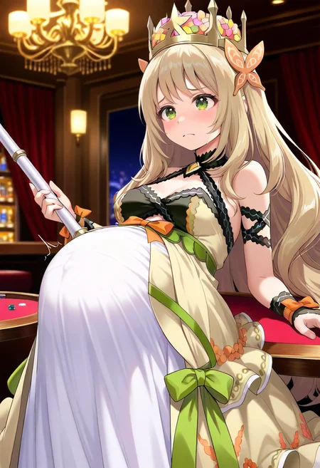 STYLE(comfy++,none) masterpiece, best quality, azuuru, torino aqua, 1girl, aged up, large breasts, covered, pregnant, big belly, celine \(fire emblem\), green eyes, blonde hair, very long hair, butterfly hair ornament, bare shoulders, wrist bow, orange bow, princess, crown, solo, pain, frown, looking ahead, holding, (leaning back),, standing, portrait, night, casino, safe<lora:Other\Pregnancy_Slider.safetensors:1.5:1.5> <lora:Other\LoosePregV4.safetensors:1.0:1.0>