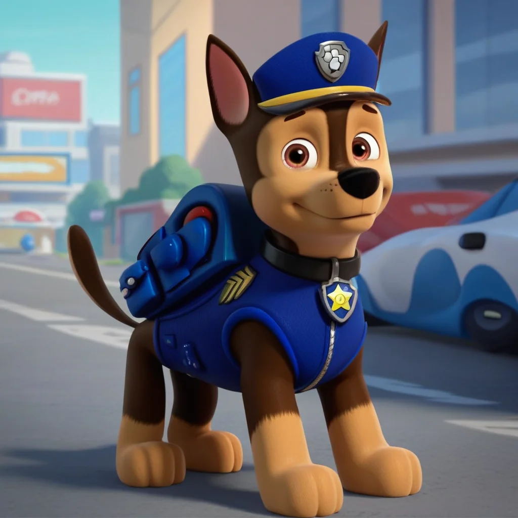 score_9, score_8_up, score_7_up, score_6_up, source_cartoon, Chase(PP), solo, 1boy, feral, German shepherd, dog, brown and tan fur, brown eyes, black nose, thin tail, black collar, star (symbol) tag, blue police vest, blue police hat, blue backpack, full body, looking at viewer, standing, smile, sunny, city background,