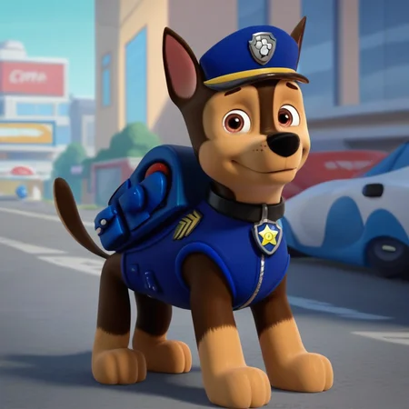 score_9, score_8_up, score_7_up, score_6_up, source_cartoon, Chase(PP), solo, 1boy, feral, German shepherd, dog, brown and tan fur, brown eyes, black nose, thin tail, black collar, star (symbol) tag, blue police vest, blue police hat, blue backpack, full body, looking at viewer, standing, smile, sunny, city background,