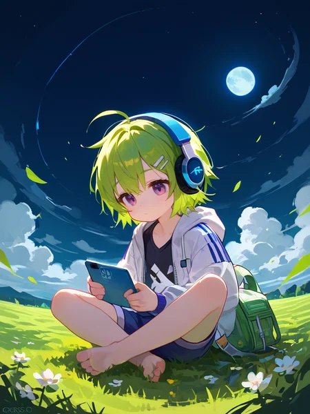 PDXL, <lora:SittingCrossLeggedV1:1>, cr0ssl3gg3d,
1girl, cute face, detailed eyes, long green hair, purple eyes, headphones, music, white zip-up hoodie, blue shorts, barefoot, sitting cross-legged on grass, night sky, moon, clouds