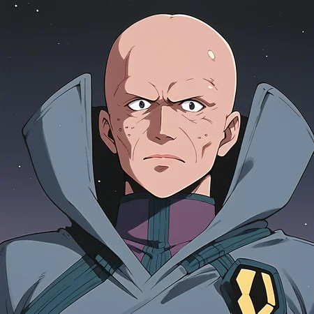 score_9, score_8_up, score_7_up, best quality, masterpiece, source_anime, zPDXL3, BREAK bald, boddolezar, old man, 1boy, solo,<lora:BoddleZer_Macross_ponyXL:1>