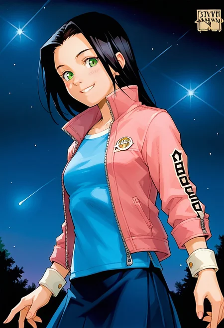 score_8, score_8_up, score_7_up, 1girl, female focus, solo, dsktrdcardxl, traditional media, trading card, Caitlin_PP, black hair, long hair, green eyes, small breasts, blue shirt, jacket, pink jacket, zipper, open jacket, sleeve cuffs, skirt, cowboy shot, night, sky, star (sky), black sky, looking at viewer, smile, blush
