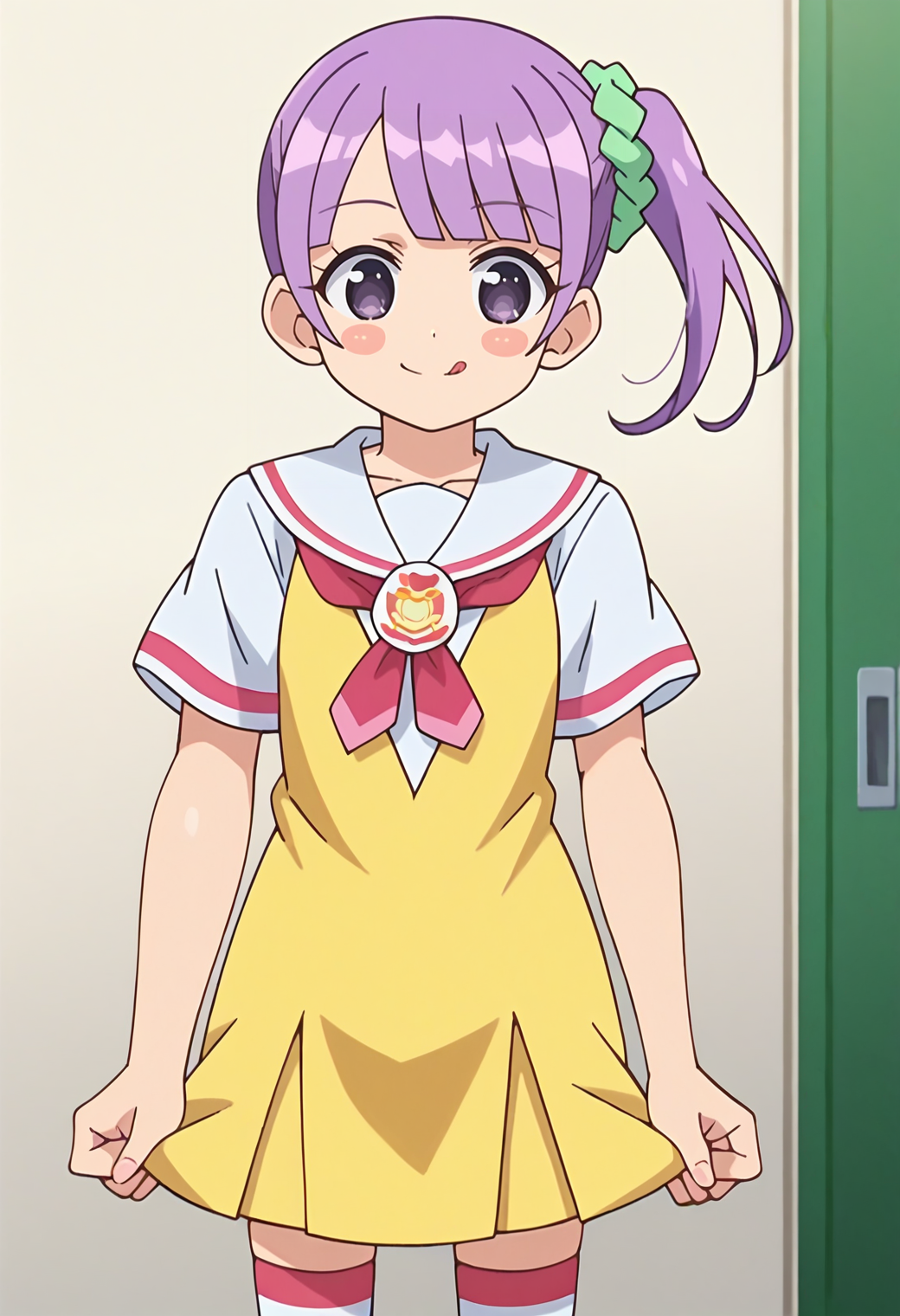 score_9, score_8_up, score_7_up, score_6_up, score_5_up, score_4_up, source_anime,
defnonb, side ponytail, hair scrunchie, blush stickers, anime screencap,
school uniform, yellow dress, white sailor collar, short sleeves, thighhighs, striped,
looking at viewer, smile, tongue out,
<lora:_manaka_non-elesico-pony-e12:0.9>