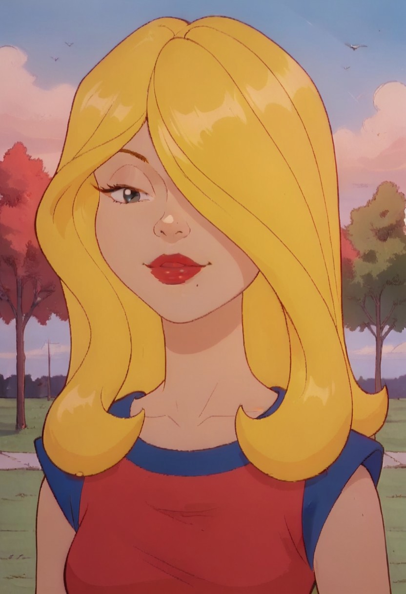 score_9, score_8_up, score_7_up, rating_safe, 1980s (style), retro artstyle
FA_Cindy_Collins, 1girl, blonde hair, long hair, hair over one eye, lipstick, red lips
solo, standing, upper body, outdoors, Dynamic pose, trees, sky, cowboy shot, looking at viewer