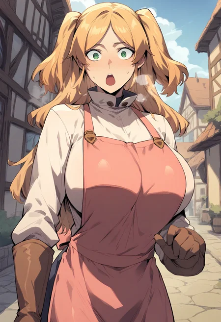 score_9, score_8_up, score_7_up, score_6_up, source_anime, rating_explicit, 1girl, solo, huge breasts, <lora:Euphemina prefectPonyxl:0.75> long hair, blonde hair, parted bangs, two side up, green eyes, brown hair, high collar, white shirt, long sleeves, pink apron, brown gloves, surprised, Narrow shoulders, heavy breathing, steaming body, village, outdoors, looking at viewer