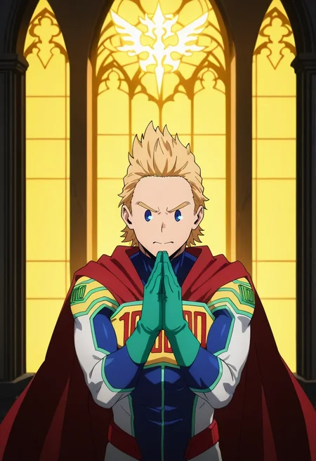 masterpiece, best quality, intricate details, anime screencap, anime coloring, , , 1boy, solo, male focus, <lora:mirio_toogata_ilxl:0.9>, mirio_toogata, blonde hair, blue eyes, short hair, , bodysuit, superhero, red cape, luminous cathedral, glowing windows, radiant halls, misty pews, praying pose, solemn expression, prismatic light, ,