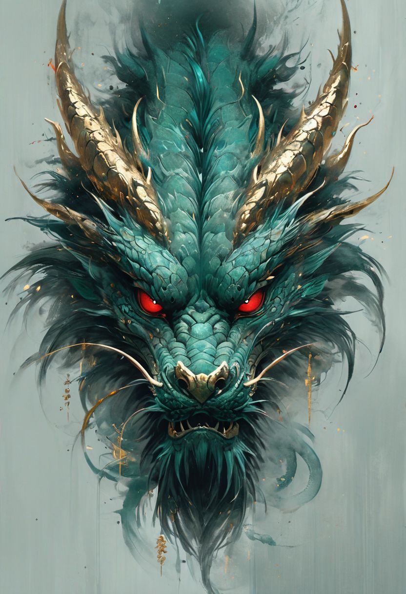 minimalism style, WLOP art style, a character worrior , facial muscles,  eye light, dragon behind, cinematic foootage,  fantasy, intricate details,8k post production,dark green blue red white gold tone