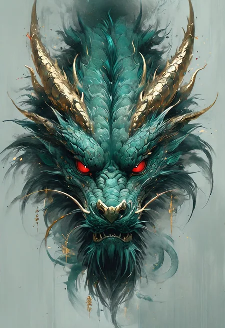 minimalism style, WLOP art style, a character worrior , facial muscles,  eye light, dragon behind, cinematic foootage,  fantasy, intricate details,8k post production,dark green blue red white gold tone