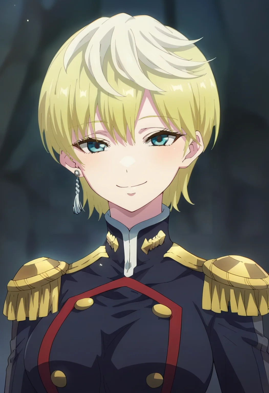 <lora:Tenka Izumo:1> tenka izumo, blonde_hair, short_hair, blue_eyes, 1girl, solo, earrings, jewelry,large_breasts , smile , uniform, military_uniform, epaulettes, looking at viewer, upper body, score_9, score_8_up, score_7_up, score_6_up, score_5_up, score_4_up , anime coloring ,BREAK source_anime, anime
