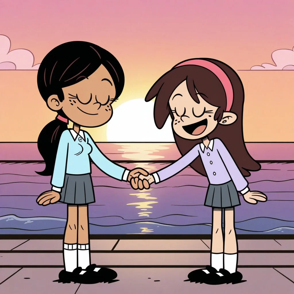 the loud house style, black eyes, flat color, 2girls, girlfriends
Ronnie Santiago, black hair, ponytail, tan skin, freckles on cheeks, purple shirt, grey skirt, white socks, black shoes, school uniform, average height of equal characters.
Sid Chang, brown hair, pink hairband, blue shirt, grey skirt, white socks, black shoes, school uniform, average height of equal characters.
holding hands, closed eyes, open mouth
high resolution, masterpiece, best quality, absurdres, ultra detailed, very aesthetic, perfect details, private place, below, average height of equal characters
outside, sun, ocean, neighborhood, standing, smiling, different character, high quality image, average height of equal characters