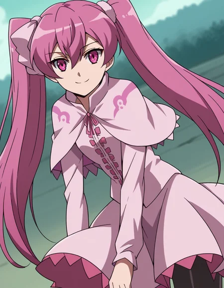 score_9, score_8_up, score_7_up, source_anime,
agkmine, <lora:agk-mine-s1-ponyxl-lora-nochekaiser:1>,
mine, long hair, twintails, pink hair, pink eyes,
dress, pantyhose, pink dress, capelet, pink capelet, pink skirt, skirt, long sleeves,
wasteland, bent over, smile,
cowboy shot, solo, dutch angle, looking at viewer,