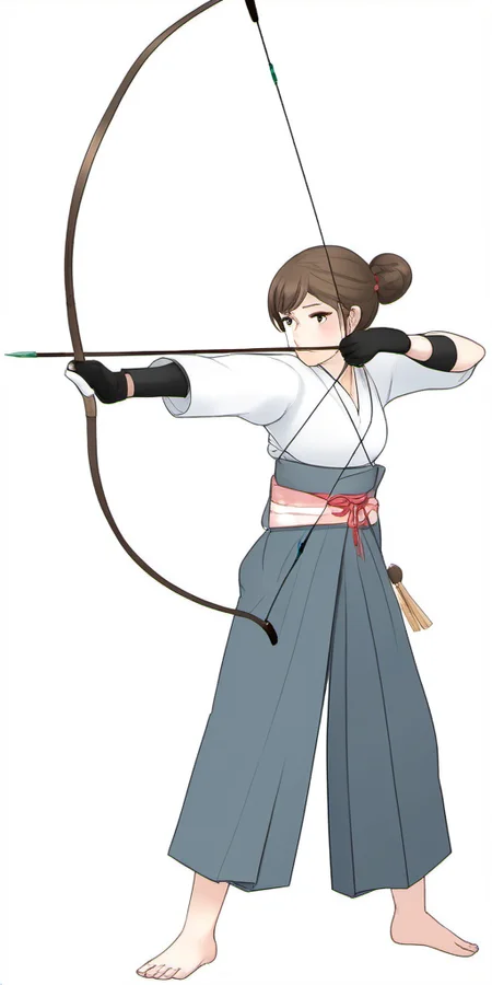Bow, Japanese, kyudo, yumi, 1girl, solo, skirt, brown hair, gloves, holding, standing, full body, ponytail, weapon, japanese clothes, hakama, hakama skirt, single glove, bow \(weapon\), partially fingerless gloves, arrow \(projectile\), holding bow \(weapon\), aiming, holding arrow, drawing bow, archery, in the style of <lora:bow01_xl:1>