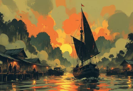 OBxiaoxiang, Special Ink-drawing mode, Mh1$AgThS2, intricate linework with expressive contrasts, inksketch of a Chinese Junk sailing into a south-east asian medieval harbour, sunset