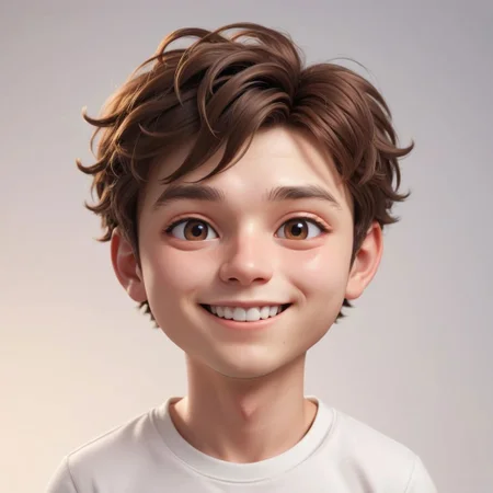 Portrait of a ruddy young man, flushed cheeks, chibi, super deformed, 20yo, smiling, doll-like, Photorealistic simple volumetric light background, ColorART, CGI,