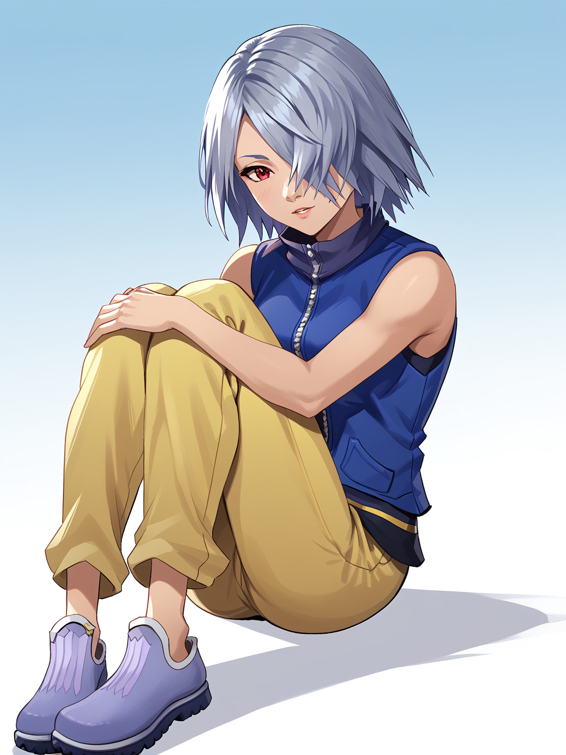 1girl, <lora:Fuu-Fuujin _ KH2-FF8_Pony:0.8> fuu \\(kingdom hearts\\), score_7_up, grey hair, red eye, hair over eye
blue vest, yellow pants, sitting, hugging knees