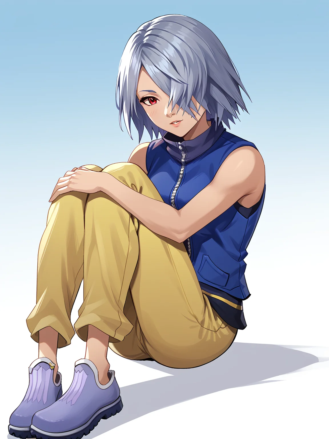 1girl, <lora:Fuu-Fuujin _ KH2-FF8_Pony:0.8> fuu \\(kingdom hearts\\), score_7_up, grey hair, red eye, hair over eye
blue vest, yellow pants, sitting, hugging knees