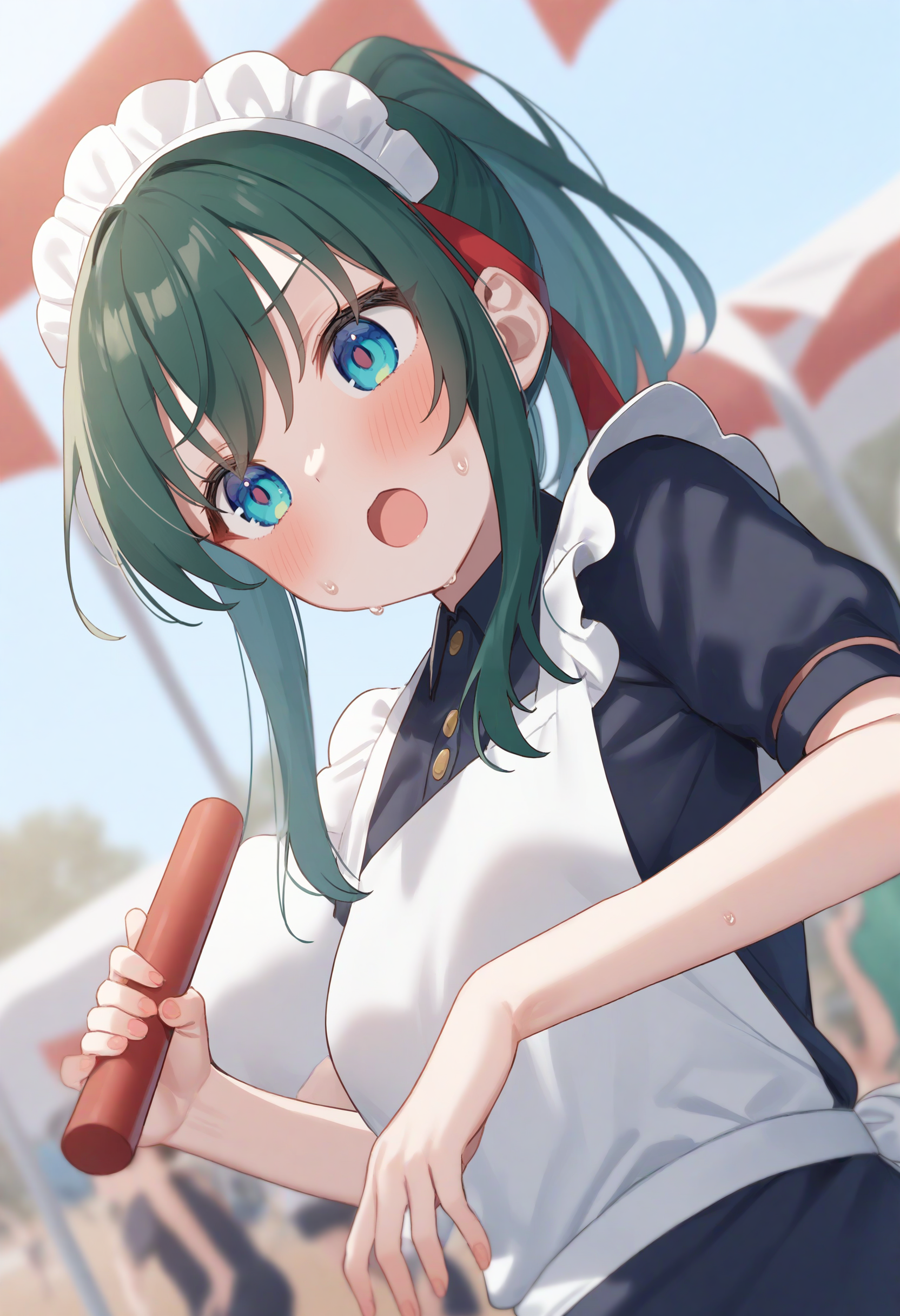 1girl,sincos, ningen mame, toosaka asagi,solo,medium breasts,20yo,maid,maid headdress,
relay baton, holding,day, outdoors, sports festival, red headband,running, sweat, <lora:relaybaton_XL_v1:0.8>
from below, upper body, looking to the side, green hair, aqua eyes,badmood,  open mouth, high ponytail hair,,
best quality, very aesthetic, absurdres