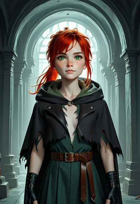 1girl, Masterpiece, 8k, ultra high detail, score_7 up, 
volumetric lighting, vivid colors, vibrant colors,  score_8_up, score_9,  small breast size, sporty red ponytail hair,  fcNeg, stunning green eyes, freckles, white skin, small nose, innocent beauty, slim face,  cute face, skinny body, perfect body, extreme detailed body, intence green eyes,  perfect face, ultra high detailed face, perfect eyes, petite, 
Face fokus, fokus on face, 
Leather wasteland warrior clothes, dark tattered cloak violently thrashing, dark long torn cloak with hood down, dark hood down, 
w4stel4nd3r, fingerless gloves, belt, torn clothes, 2 different leather long skirts,  
d3t41l3d, zPDXL3, 
Inside old bunker, dark corridor,