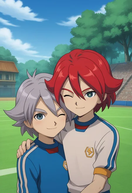 score_9, score_8_up, score_7_up, source_anime, highly detailed, skinny, slender, 2boys,
hiroto2, 1boy, soccer uniform, sportswear, red hair, upper body, tracksuit, smile, BREAK
fubuki2, 1boy, soccer uniform, sportswear, smile, raimon soccer uniform, raimon, grey hair,
standing, hug, hug from behind, smile, wink,
outdoor,