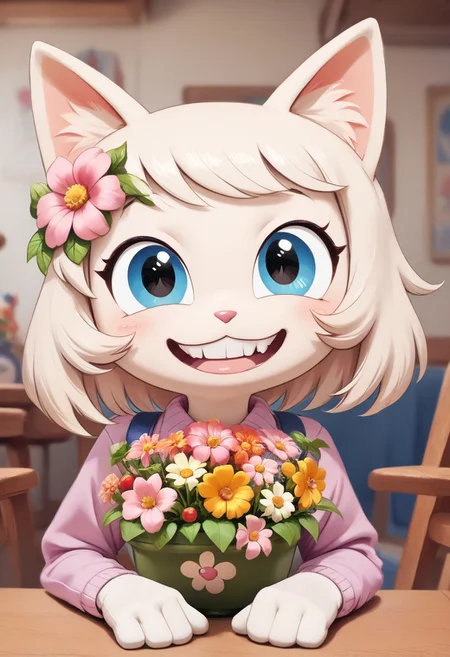 score_9, score_8_up, webby vanderquack is a silly cute cat made of flowers, teeth, teefs44, style of Rosina Wachtmeister
