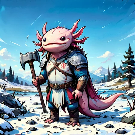 axomodelxl, axolotl as a Viking warrior, holding an axe, standing on a snowy battlefield, (comic book style)
