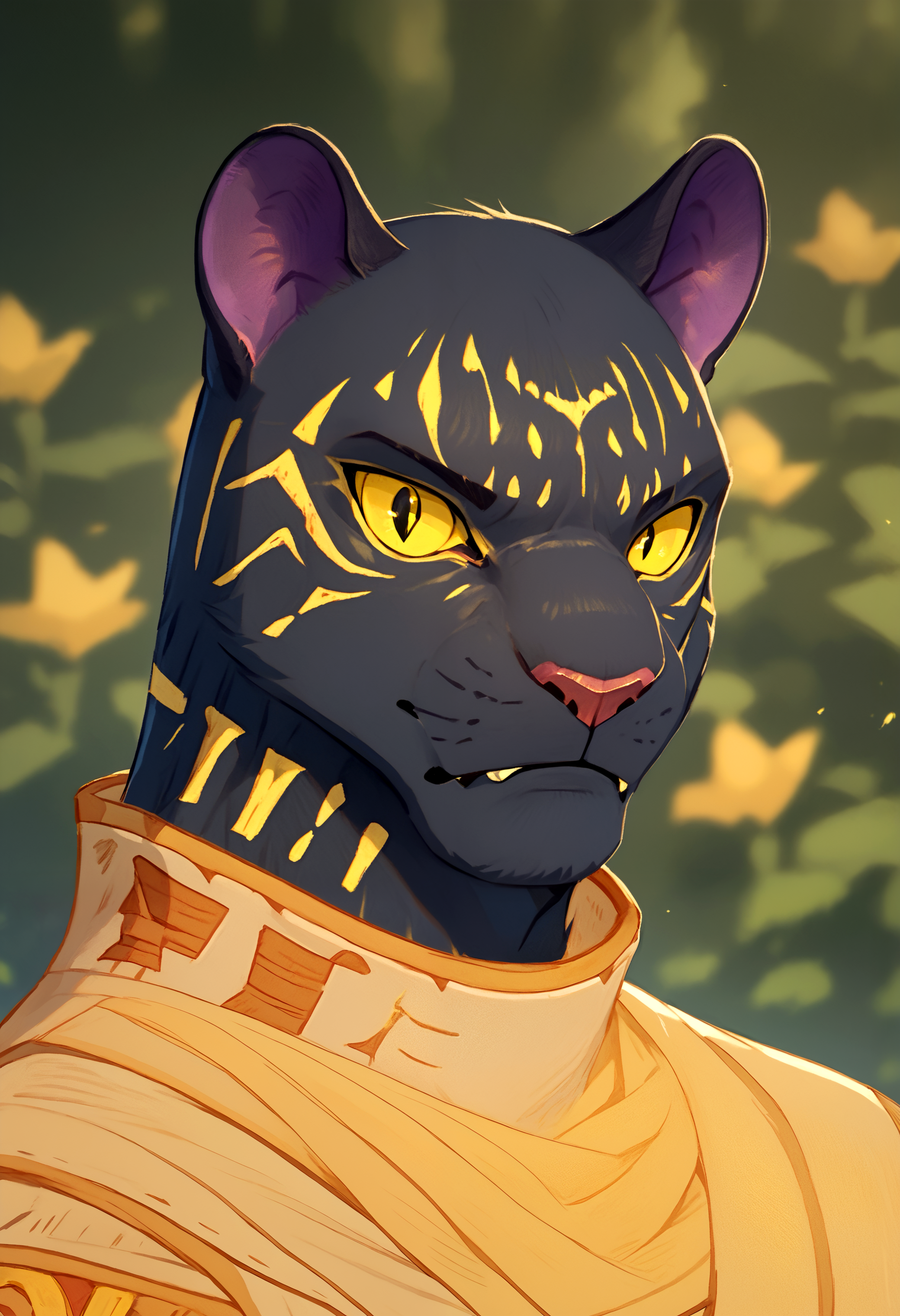 score_9, score_8_up, score_7_up, solo, 1boy,  <lora:SethAFK_Journey-000004>, seth, furry male, panther, yellow markings, black fur, black slit pupils, yellow eyes, yellow sclera, panther ears, looking at viewer, pants, clothes, close up,  outside,