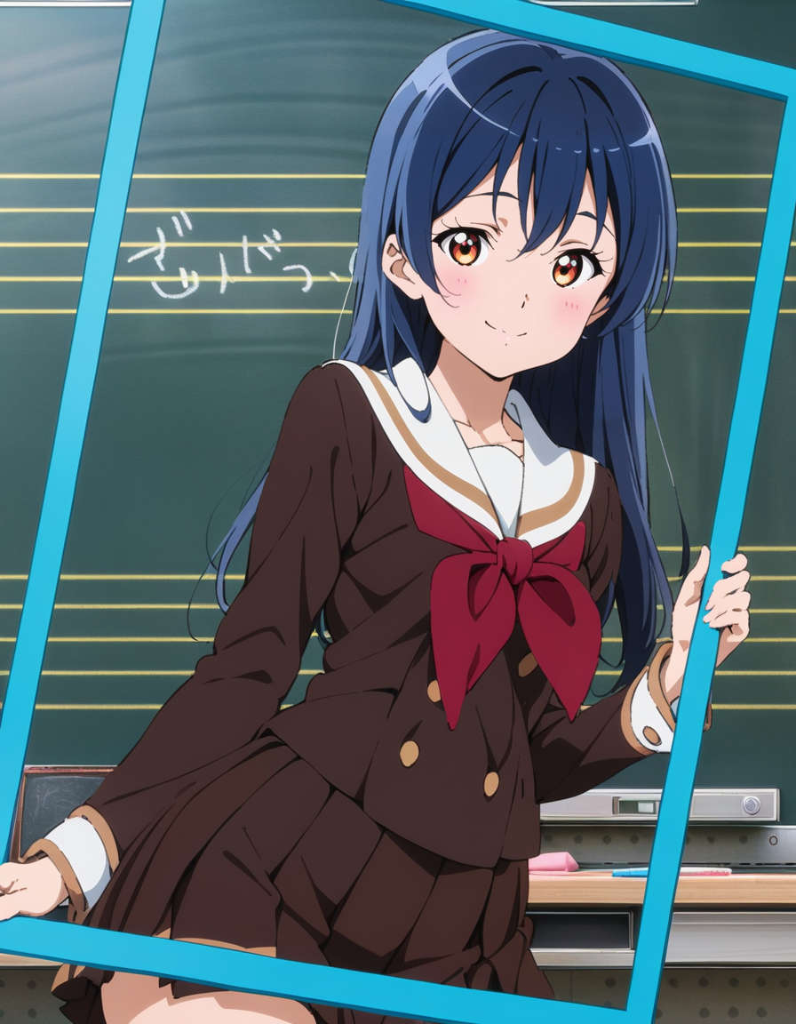 masterpiece, best quality, ultra detailed, highres,4k,(ultra-detailed:1.4) (illustration:0.5), (ray tracing,:0.8),(anime colored:0.7),(ai-generated:0.5),
1girl,solo,
sonoda umi, love live!,
kitauji high school uniform,,red neckwear,pleated skirt, white sailor collar,buttons,long sleeves,
smile,
cowboy shot,
<lora:euphoniumcharacterXL1:1>,euphoniumcharacter,
classroom,blackboard,
character name, picture frame, blue screen,fake screenshot,