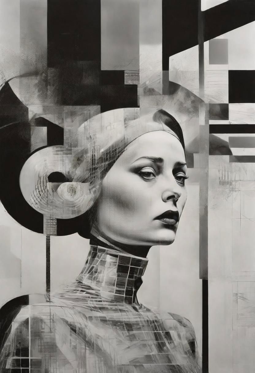 Monochrome black and white, Dali, Magritte, Delvaux, Bellmer, Malevitch, Rodchenko, Mondrian, Kandinsky, Popovna, psychedelic hallucination, pop surrealism, rough crosshatch drawing pop art Lunatic_Portrait of a young girl in latex, slick back, low bun, black makeup, sinister expression, intense glare, avant-garde, abstract, weird, geometric, constructivism, suprematism, rayonism, verticism, lineism, tj