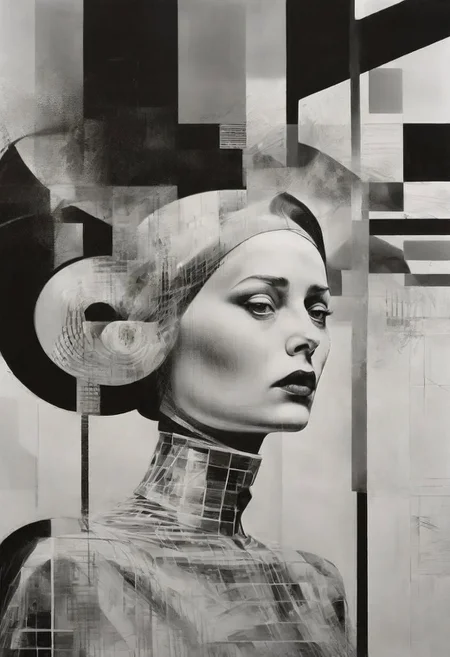 Monochrome black and white, Dali, Magritte, Delvaux, Bellmer, Malevitch, Rodchenko, Mondrian, Kandinsky, Popovna, psychedelic hallucination, pop surrealism, rough crosshatch drawing pop art Lunatic_Portrait of a young girl in latex, slick back, low bun, black makeup, sinister expression, intense glare, avant-garde, abstract, weird, geometric, constructivism, suprematism, rayonism, verticism, lineism, tj