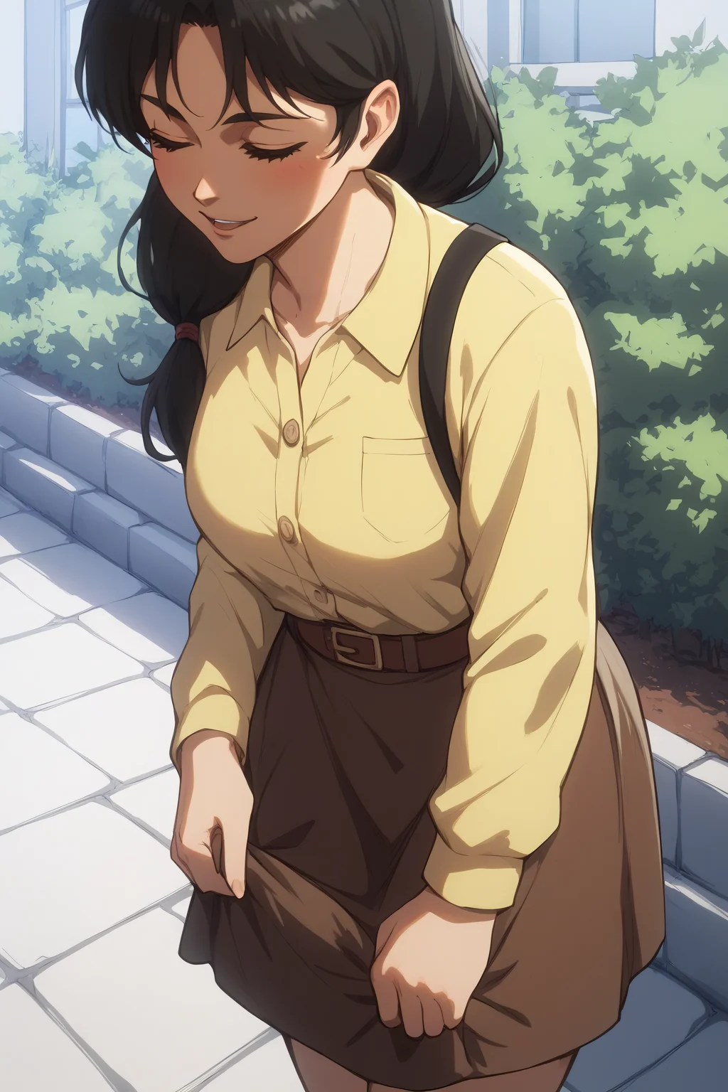 score_9, score_8_up, score_7_up, BREAK source_anime, <lora:carla yeager-PonyXL-lora-Faxtron:0.8> carla yeager, tucked-in yellow shirt, long sleeves, brown skirt,
