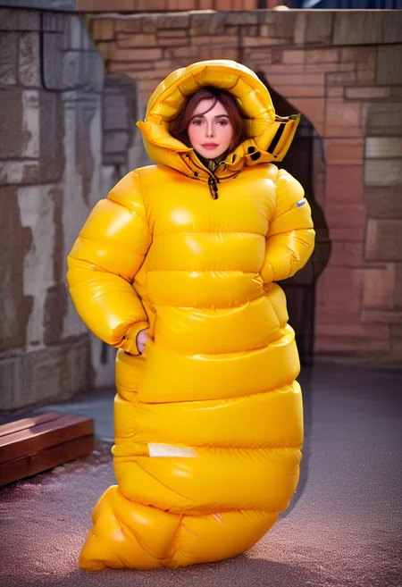 full body shot of one front cute, sweet woman, [person:0.75], radiating elegance and beauty. She is dressed in a yellow ((hooded up ankle length very puffer strait closed coat)). The hood had is fully closed, puffy down boots , closed flap of the hood ((High Yoked)). The lighting is mid, highlighting her features . Cinematic lighting, very cold, high resolution, winter fashion, realistic shading, , artstation, masterpiece. hd and high detailed clothing. down clothes by parkasite. sweetest, cutest.  (bokeh) <lora:Parkasite_v10:1.0> <lora:Segufix_V1_1:0.9>