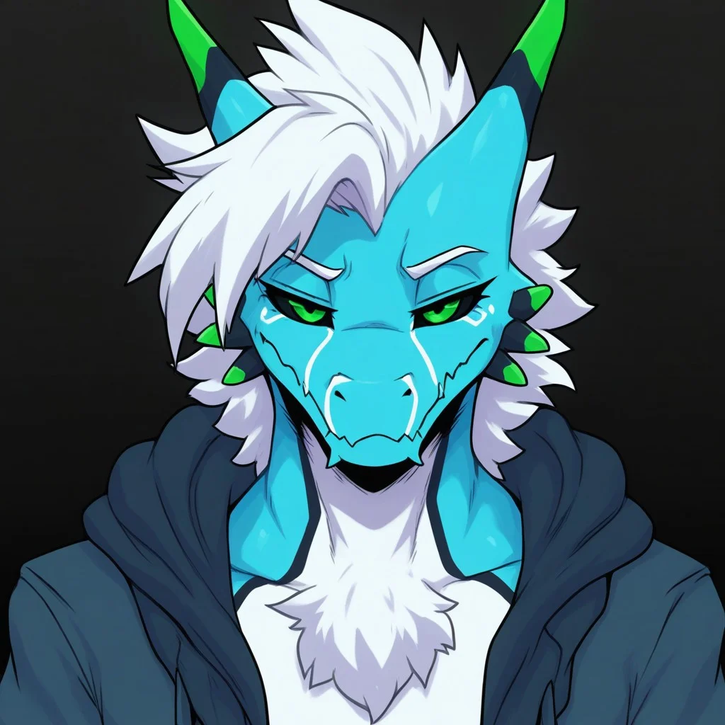 masterpiece, best quality, amazing quality,
solo, 1boy, RetrospecterFNF, furry male, demon, dragon, horns, white hair, blue body green eyes, white body, black sclera, multicolored body, jacket, unamused, looking at viewer,
simple black background, face focus, close up, looking at viewer,