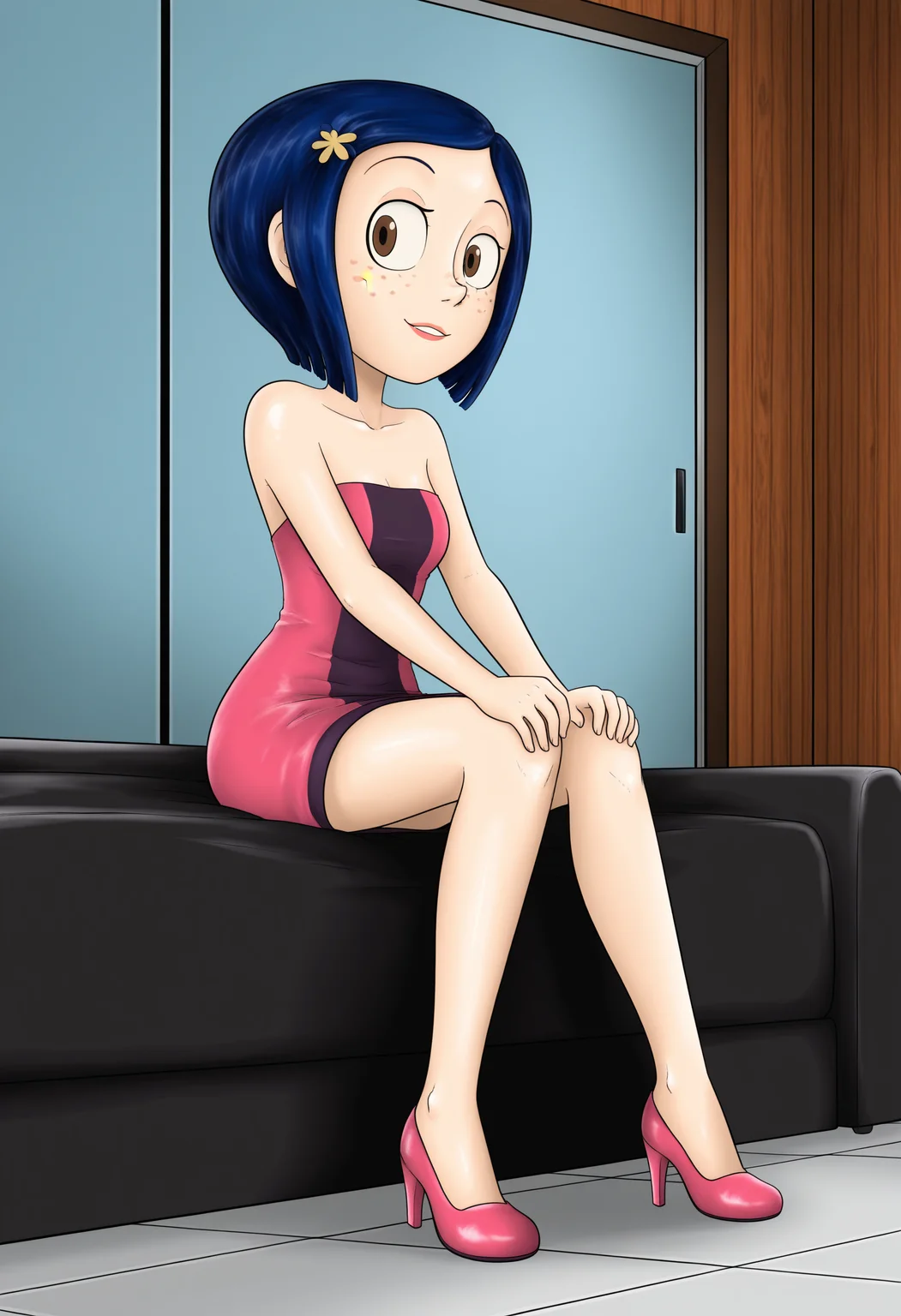 masterpiece, best quality, absurdes, 1girl, solo, full body,
(source_cartoon),
<lora:Coraline - Garabatoz Style (Illust):0.8>
Coraline_Garabatoz, freckles, brown eyes, blue hair, short hair, hair ornament,
indoors, sitting, high heels,
<lora:Detailer_NoobAI_Incrs_v1:0.4> detailed,