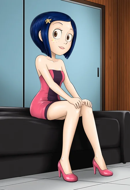 masterpiece, best quality, absurdes, 1girl, solo, full body,
(source_cartoon),
<lora:Coraline - Garabatoz Style (Illust):0.8>
Coraline_Garabatoz, freckles, brown eyes, blue hair, short hair, hair ornament,
indoors, sitting, high heels,
<lora:Detailer_NoobAI_Incrs_v1:0.4> detailed,