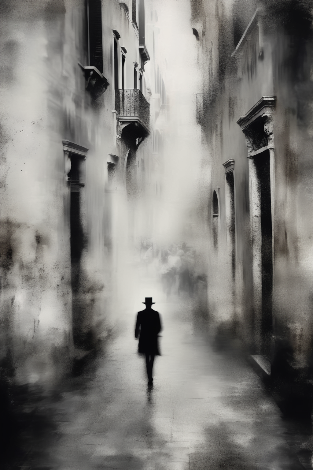 <lora:Ando Fuchs Style:1>Ando Fuchs Style - a person is walking down the street in black and white, in the style of gabriele viertel, jan matejko, ryohei hase, picasso, photo-realistic hyperbole, ghostly presence, impressionistic venice scenes
