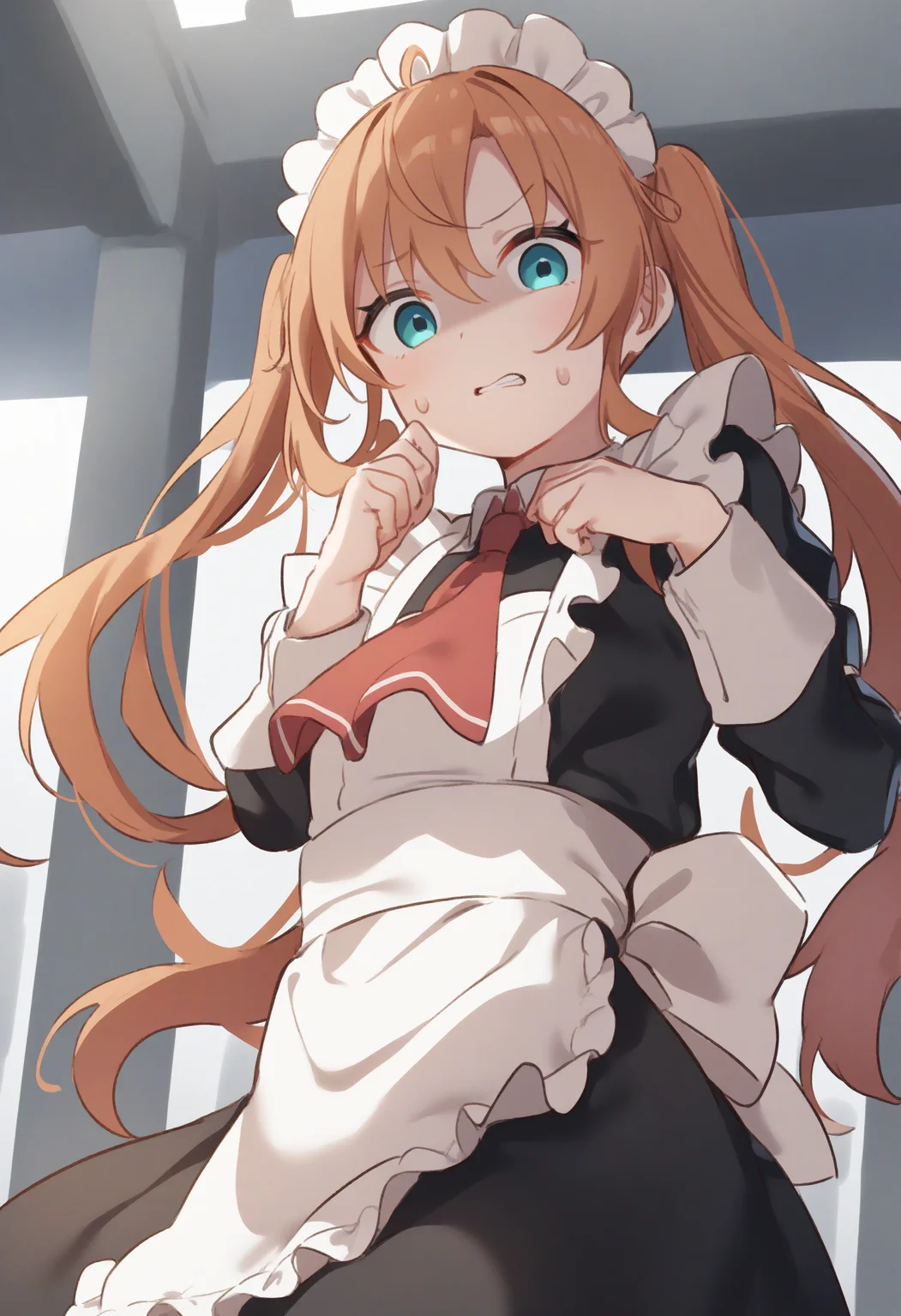 1girl,sincos, ningen mame, toosaka asagi,solo,medium breasts,20yo,maid,maid headdress,
donbiki,<lora:donbiki_XL_v1:0.7>
sweatdrop, looking at viewer, shaded face, turn pale, jitome, disgust, gloom (expression), d:, frown, empty eyes, no pupils, clenched teeth, hands up,
from below, cinematic angle, orange hair, silver eyes, on pedestrian bridge, tri tails hair,,
best quality, very aesthetic, absurdres