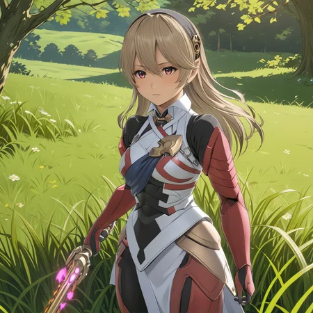 1girl, woman, standing in grass, (anime, masterpiece, intricate:1.3), (best quality, hires textures, high detail:1.2), (4k),(incredibly detailed:1.4),UHD, 8K, ultra detailed <lora:CorrinFEXL:.8>