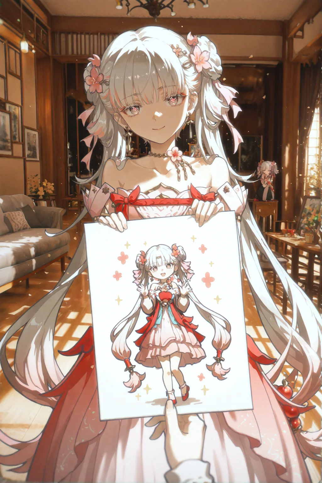 masterpiece,best quality,absurdres,very awa,highres,newest,year 2024,year 2023,<lora:illustrious_noobai_epsilon_pred_1_masterpieces_v1:0.7>,<lora:ponyv6_noobV1_2_adamW-000017:0.7>,<lora:spo_sdxl_10ep_4k-data_lora_webui:0.6>,<lora:add-detail-xl:0.35>,(rafaelaaa:0.4),(ekrea jan:0.4),(duoj ji:0.3),2girls,mother and daughter,holding drawing,looking at viewer,pov,happy,living room,<lora:KonyaKarasue-000008:0.7>,
<lora:jxnew-noob-Tanger-000014:0.8>,
jinhsi,jinhsi \(peach blossom\) \(wuthering waves\),(clothes:peach blossom pink dress,alternate costume,bare shoulders:1.2),flower-shaped pupils,1girl,hair ornament,hair flower,twintails,bangs,jewelry,very long hair,