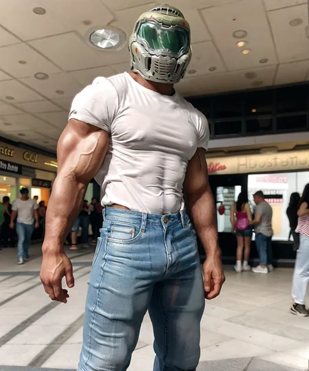 <lora:Doom_Slayer:0.85> doom_slayer, standing, looking at viewer, white t-shirt, jeans, mall, shopping mall, helmet, (muscular:1.1)