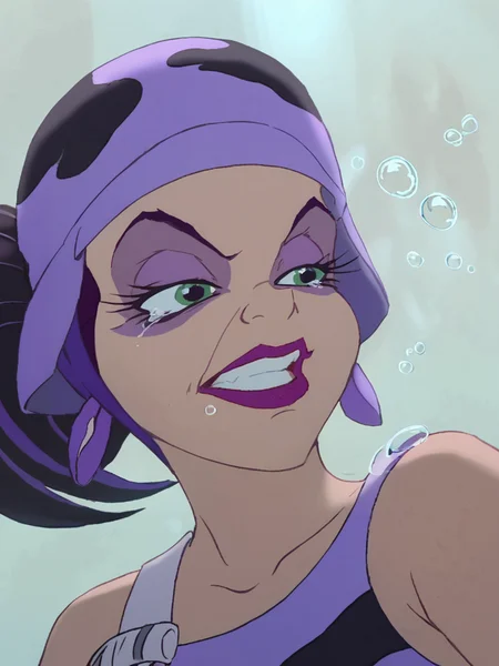 score_9, score_8_up, score_8, score_7_up, volumetric lighting, marina del rey, 1girl, solo, hat, ponytail, purple hair, teeth, tears, dark skin, makeup, lipstick, monster girl, underwater, bandana, air bubble, purple lips, <lora:littlem_pony_v1:0.9>