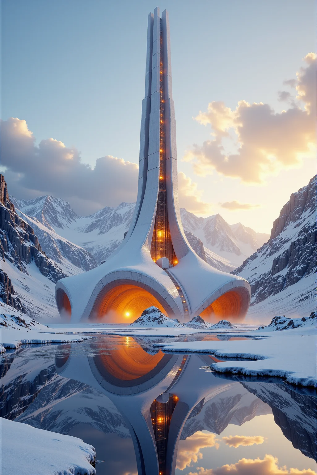 <lora:Legacy_of_the_forerunners_v.2:0.75>
A monumental futuristic tower rises with breathtaking elegance from the heart of a snow-blanketed alpine valley, its form composed of soaring, aerodynamic curves that converge into a sleek vertical structure stretching into the sky. This architectural marvel blends organic fluidity with ultra-modern sophistication, its smooth white and metallic surfaces shimmering faintly with the warm hues of the setting sun, casting golden reflections on the serene, mirror-like lake that gently laps at its base. The base of the tower blossoms outward like the petals of a colossal flower, housing expansive arched openings that glow with soft, amber interior light, suggesting welcoming human presence within this monumental structure. Set against a dramatic backdrop of jagged, snow-dusted peaks, the towerâs silhouette evokes both futuristic innovation and ancient monumentality, a cathedral of tomorrow nestled in pristine wilderness. Symmetry, scale, and reflective materials coalesce in this dreamlike winter scene, where advanced design and untouched natural beauty converge to create a vision of utopian serenity and awe-inspiring stillness.