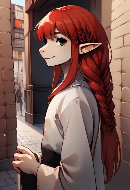 ((Lapanya)):1.2, 1 person, solo,
advntr, smooth anime, ((snout nose)):1.2, pointy ears, androgynous body, ((fftwhitemage)), red hair, long hair, braid, green eyes, white robe,
((Shaft head tilt, small smile)),
((slender fingers, 4 fingers)):1.4,
((Dutch angle, side view, close up)),
((Outdoors, cobblestone street, medieval city)):1.4,
Clean lines, detailed background, detailed hands, highly detailed, high quality, ((semi-realistic)), best quality, rating: g
score: 9, score: 8 up