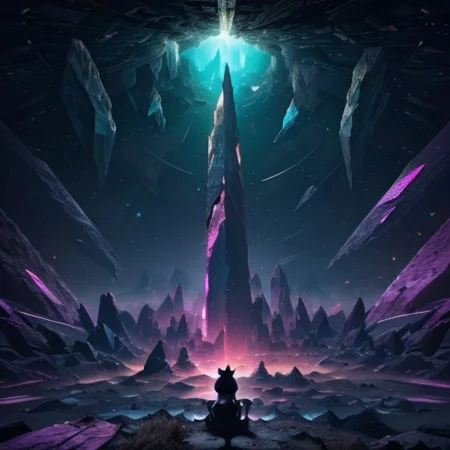 In the vast emptiness of the interstellar void, a cat whose omnipotent powers sits in a cyberpunk street, collide.highest quality, enhanced quality, creative, beautiful, vibrant, masterpiece, 8k, amazing details, amazing quality, amazing artist, sharp edges, detailed textures, full view, atmospheric lighting, amazing visuals, crystals fantasy, crystals, crystal, bg_imgs, cyberpunk, neon lights, science fiction, view from above,