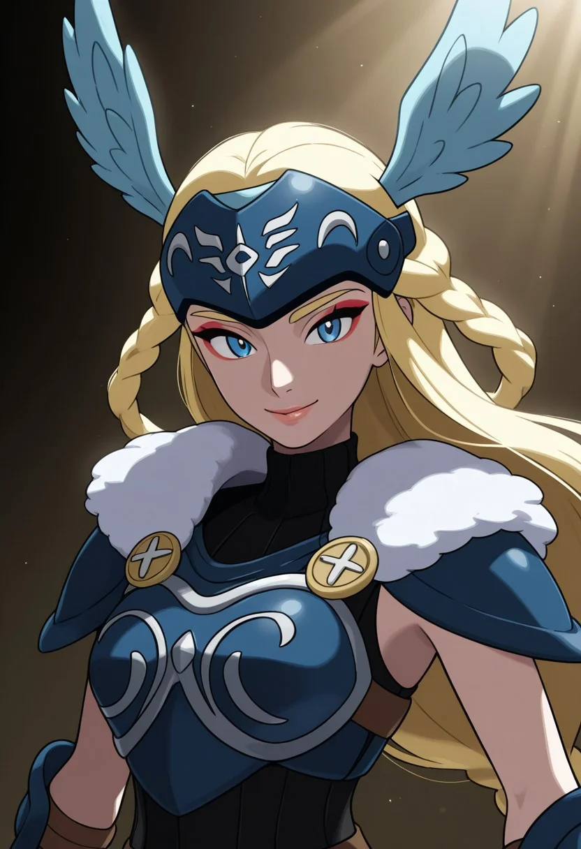 sugimorixd,
1girl, solo, braid, eyeliner, lips, makeup, nose, smile, armor, blonde hair, blue eyes, blue wings, bracer, chest guard, eyebrows, forehead protector, fur collar, fur trim, hair rings, head wings, light, light rays, long hair, looking at viewer, shoulder pads, sunlight, upper body, valkyrie, wings