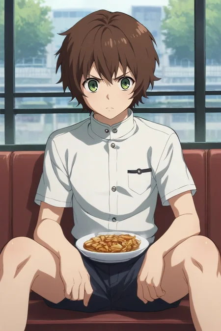 score_9, score_8_up, score_7_up, source_anime, rating_safe, intricate details, semi-realistic, , depth of field, 1boy, solo, male focus, <lora:yoichi_saotome_pony:0.8>, yoichi_saotome, brown hair, green eyes, short hair, , focused, restaurant, day, sunny, spread legs, angry, , <lora:sdxl_lightning_8step_lora:1>