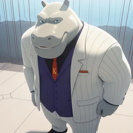King, large humanoid, hippo, furry male, white pinstripe suit, red tie with the letter K printed on it, formal, black top, facial hair, blue eyes, purple vest, long sleeves, striped white pants, black shoes, masterpiece, best quality, amazing quality, looking at viewer, male focus, solo, detailed lobby background,